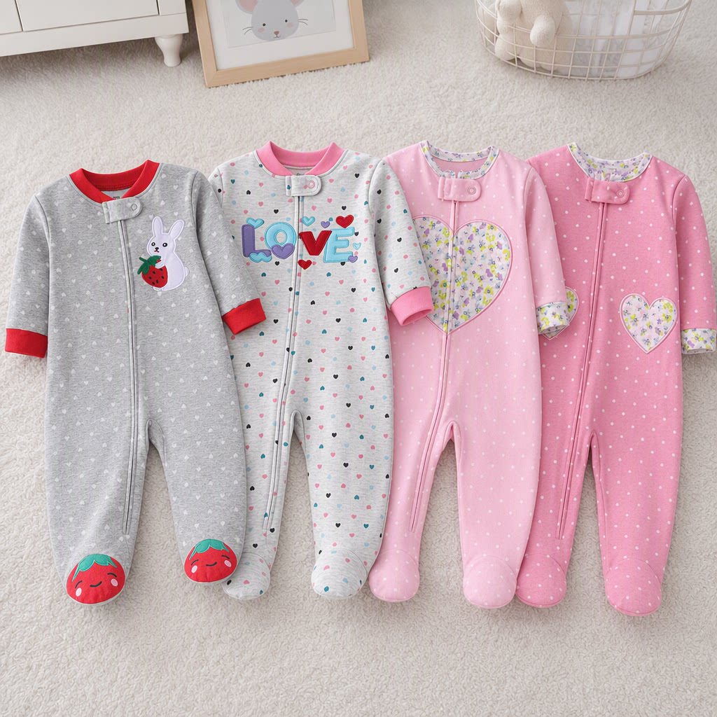 Cotton Baby Onesies Zipper - 신생아 여아 양면 코튼 발싸개 롬퍼